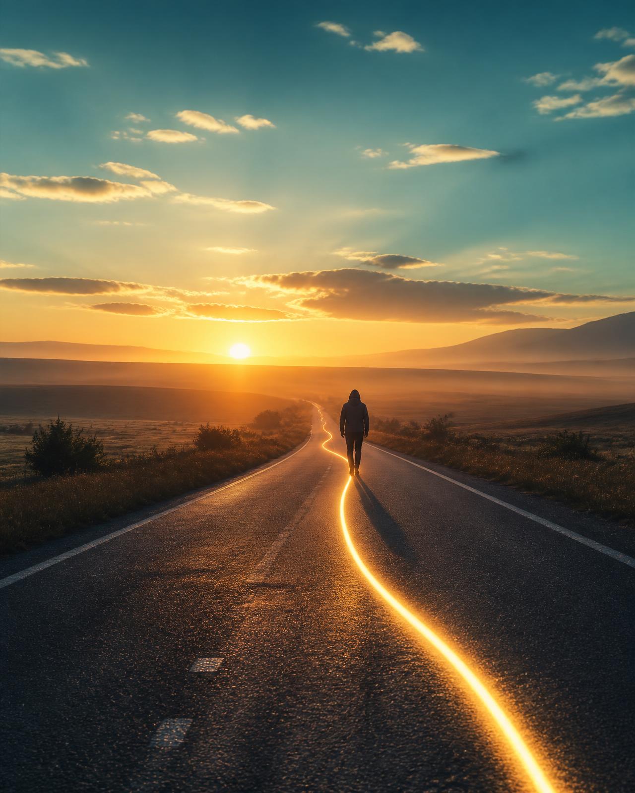 Una carretera iluminada al amanecer con una persona caminando